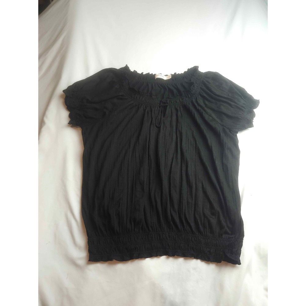 Faded Glory Black Soot Smocked Peasant Blouse Short Sleeve Top Womens L 12-14